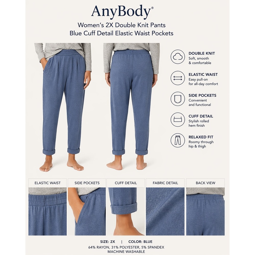 AnyBody Women 2X Double Knit Pants Blue Cuff Detail Elastic Waist A384067 NWT